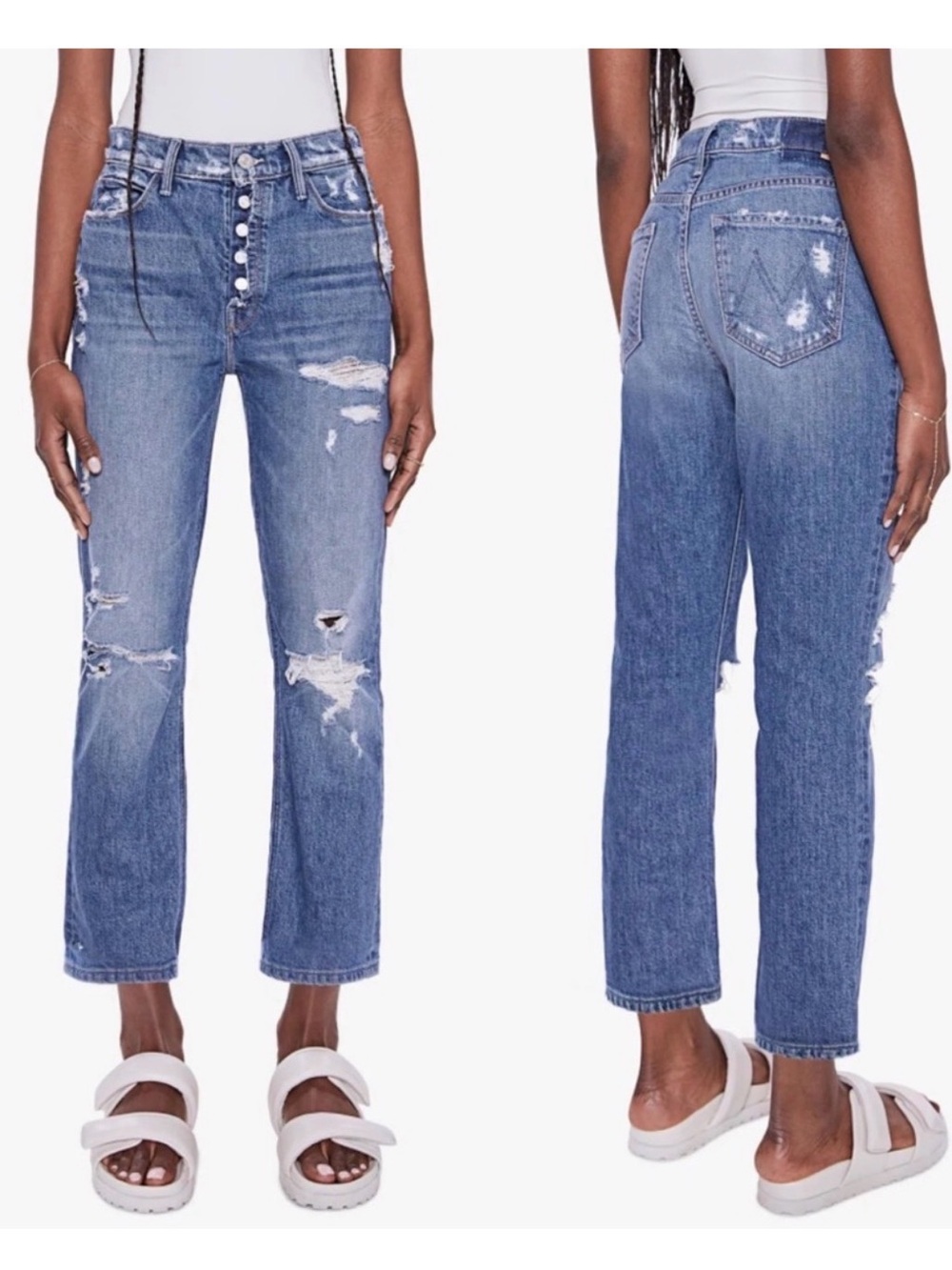 MOTHER Button-Fly Distressed Straight Leg Jeans - Blue